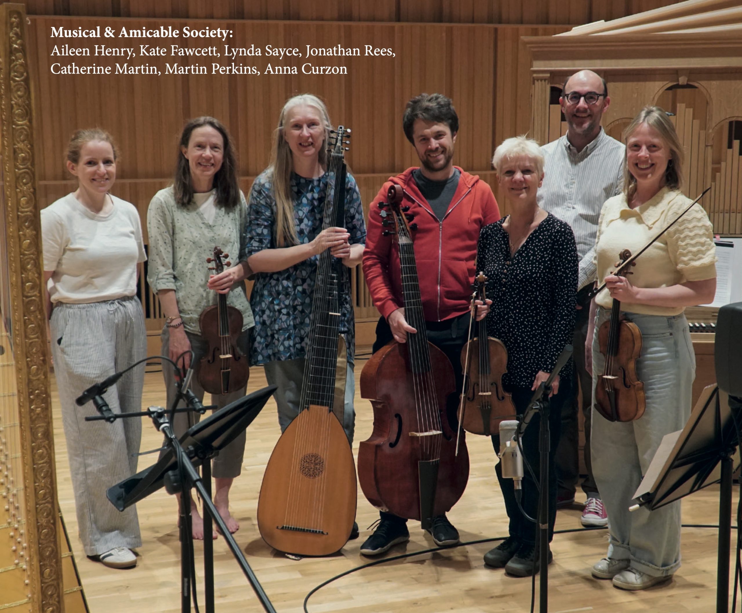 Seven musicians of the Fiddlers Three programme, with their instruments